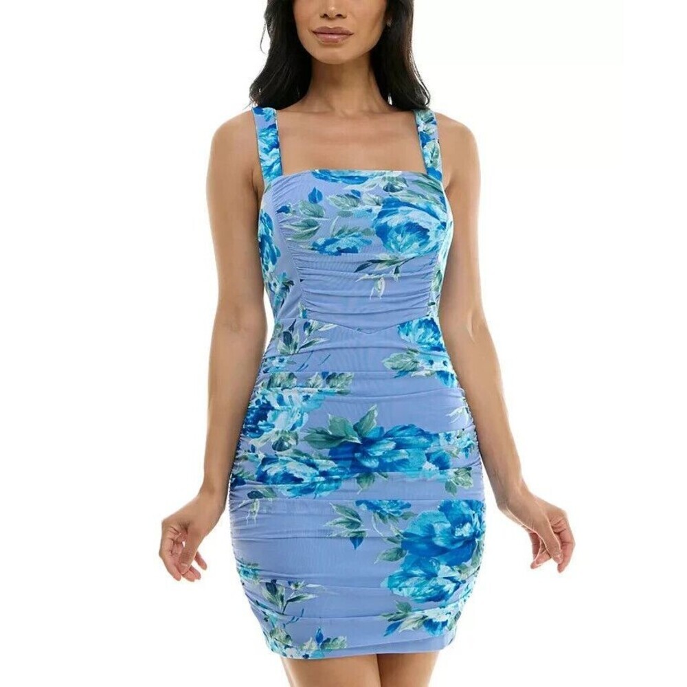 Emerald Sundae Women's Juniors' Floral Ruched Mesh Tank Dress Blue Multi XS